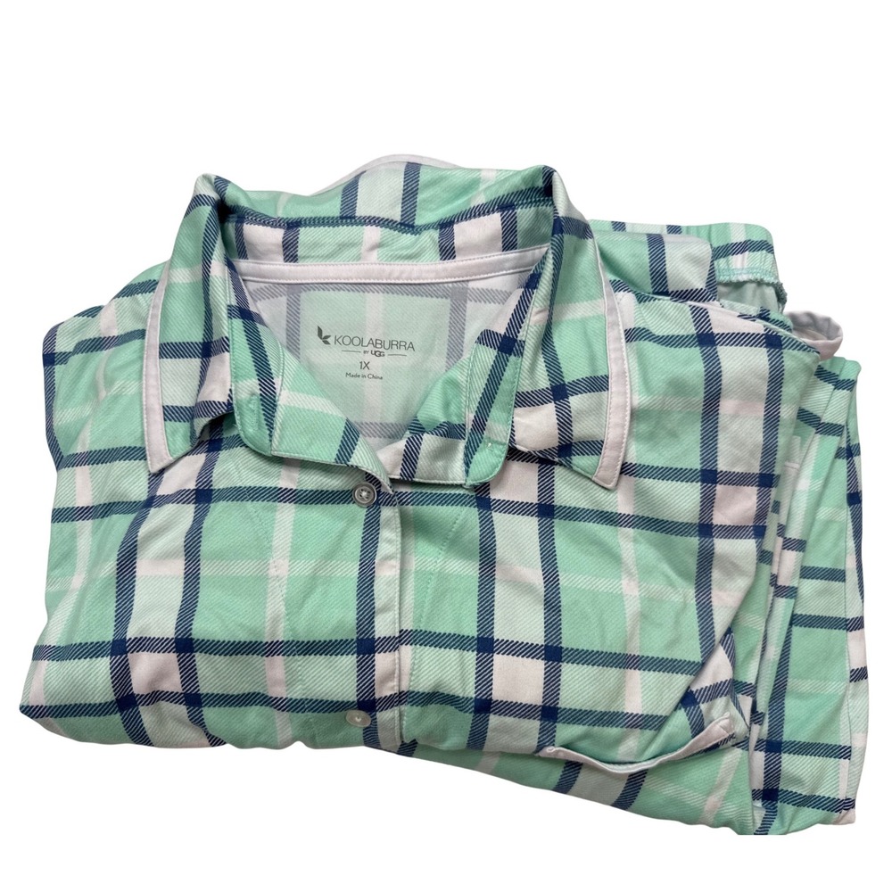 Koolaburra Pajama Set Womens 1X Green Excellent Plaid Button Front 2pc Sleepwear